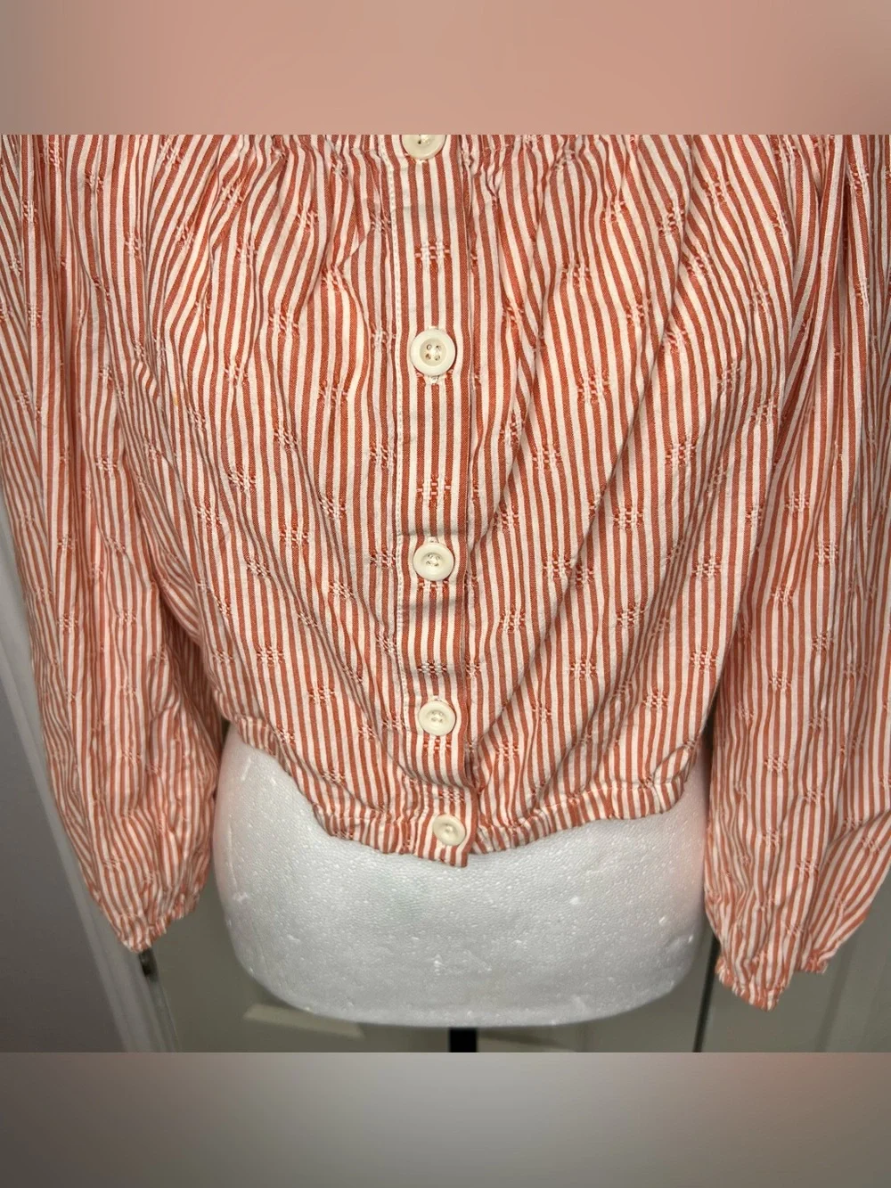 Madewell Orange/White Puff Long Sleeve Front Button Crop Women’s Top Sz M Ranch